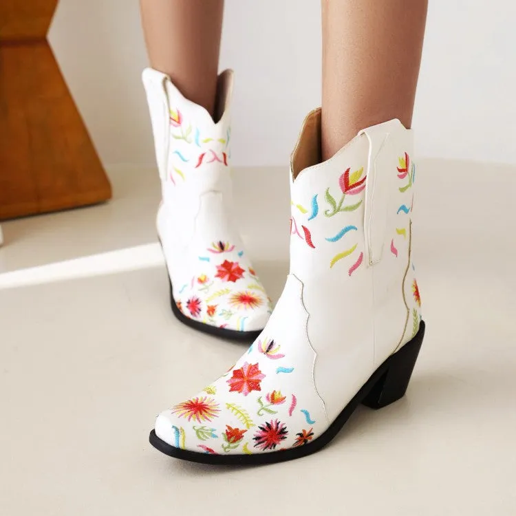 Women's Floral Embroidered High Heels Short Boots