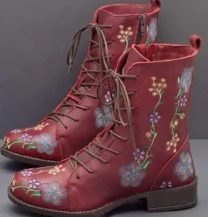 Women's flower embroidery zipper lace-up ankle boots low heel