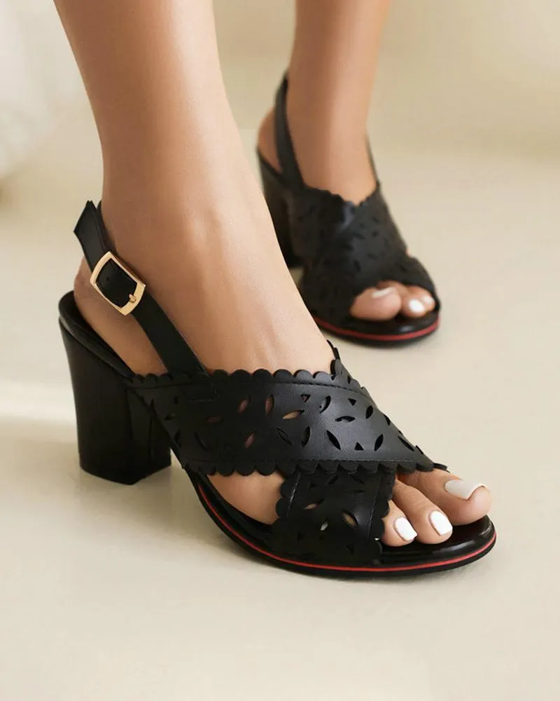 Women's Flower Hollow-out Adjusting Buckle Block Heel Sandals