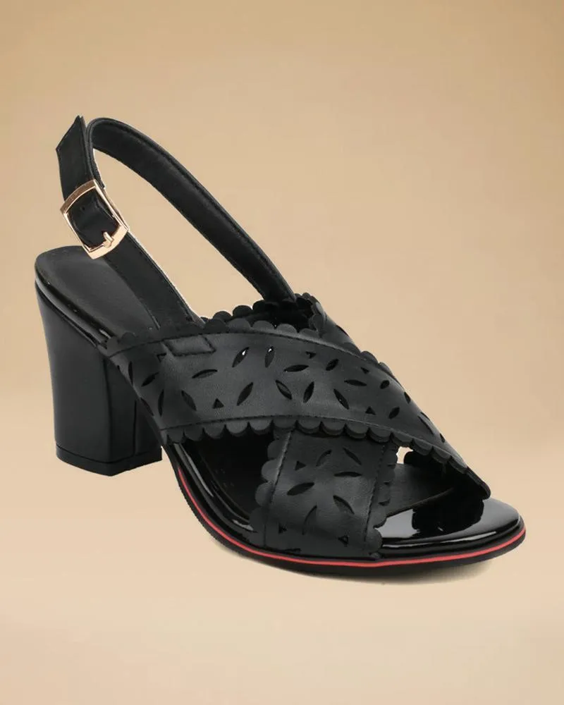 Women's Flower Hollow-out Adjusting Buckle Block Heel Sandals