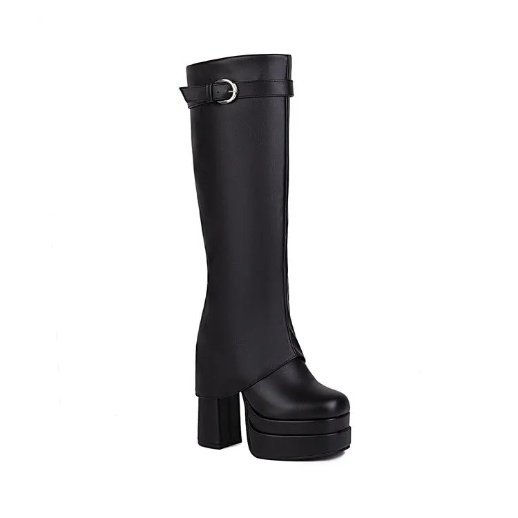 Women's Fold Pu Leather Square Toe Block Heel Platform Knee High Boots