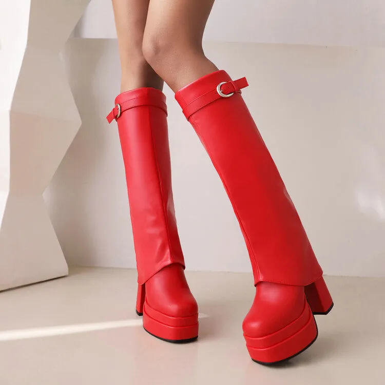 Women's Fold Pu Leather Square Toe Block Heel Platform Knee High Boots