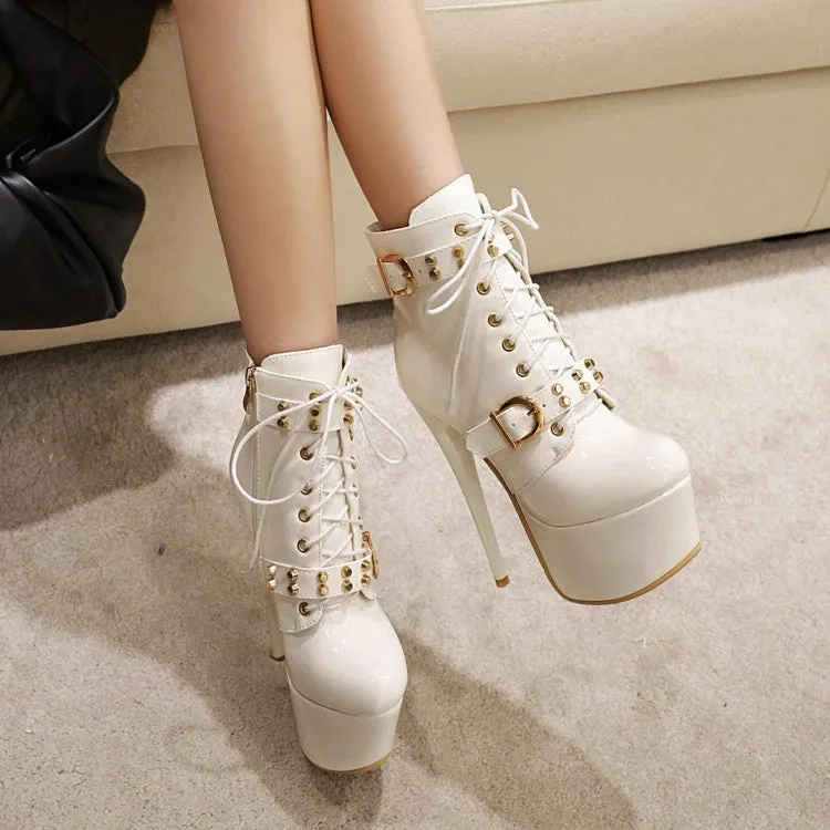 Women's Glossy Almond Toe Buckles Belts Tied Stiletto Heel Platform Short Boots