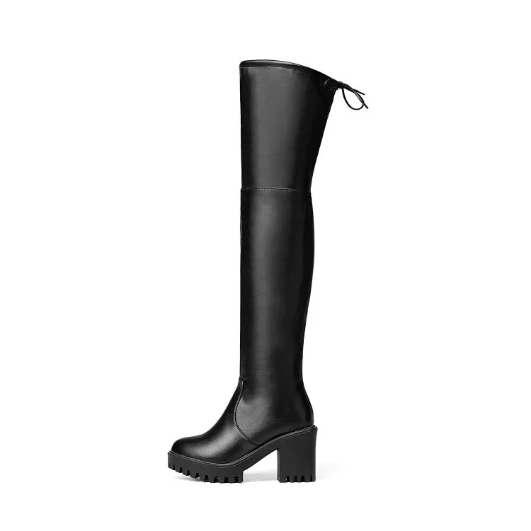 Women's Pu Leather Round Toe Side Zippers Block Chunky Heel Platform Over the Knee Boots