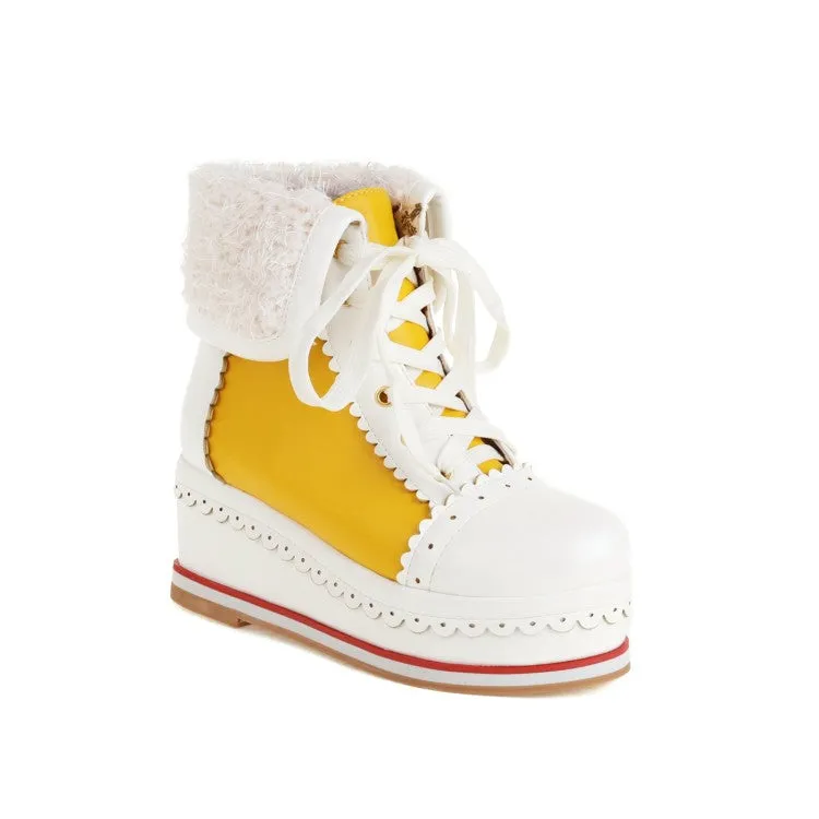 Women's Pu Leather Round Toe Stitching Tied Belts Fold Lamb Wool Platform Wedge Short Boots