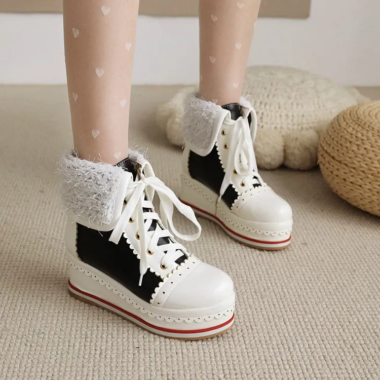 Women's Pu Leather Round Toe Stitching Tied Belts Fold Lamb Wool Platform Wedge Short Boots