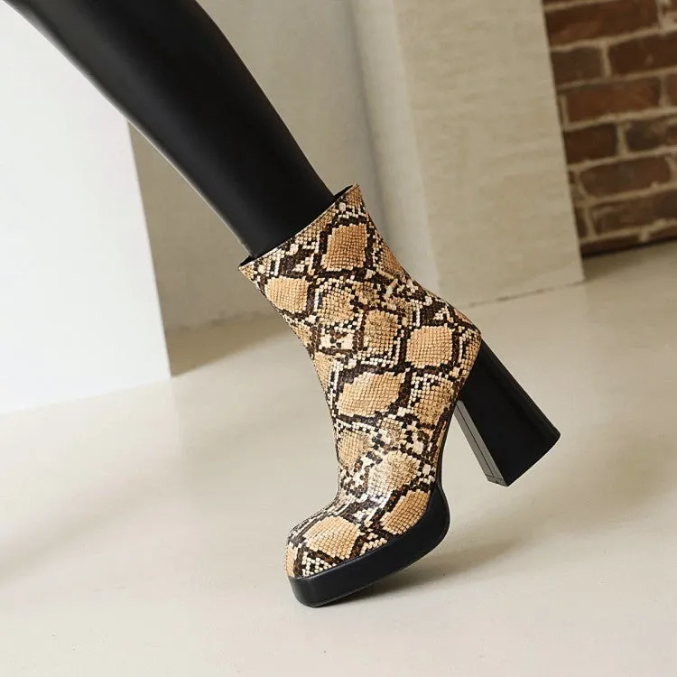 Women's Snake Square Toe Back Zippers Block Chunky Heel Platform Short Boots