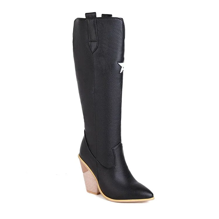 Women's Stars Pattern Pointed Toe Side Zippers Chunky Heel Knee High Boots