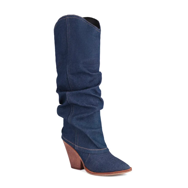 Women's Western Cowboy Fold Pointed Toe Beveled Heel Knee High Boots