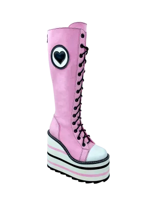 YRU DETENTION HEART pink black leather platform boots