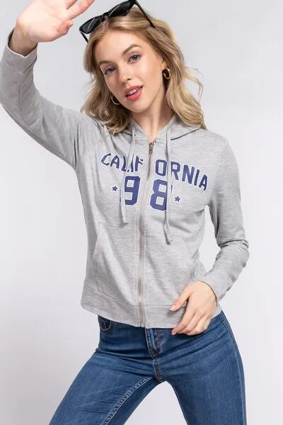 Zip Up Drawstring Long Sleeve Hoodie